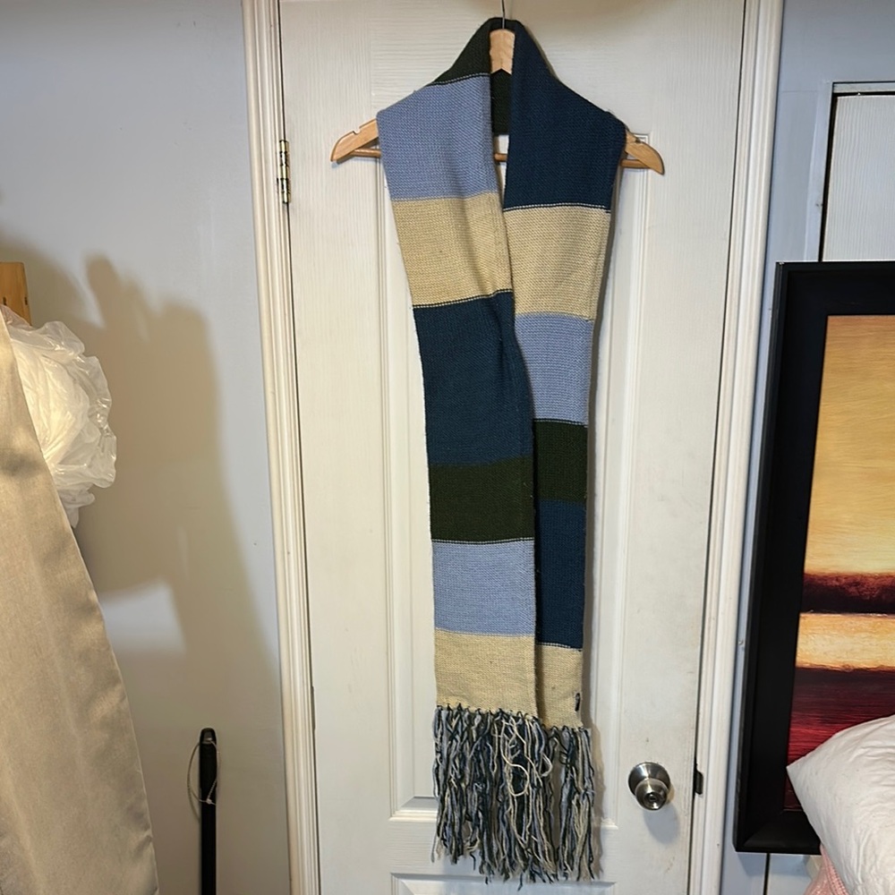 Bochi Brothers Striped Wool Scarf in Blue, Green, and Beige 96x6.5